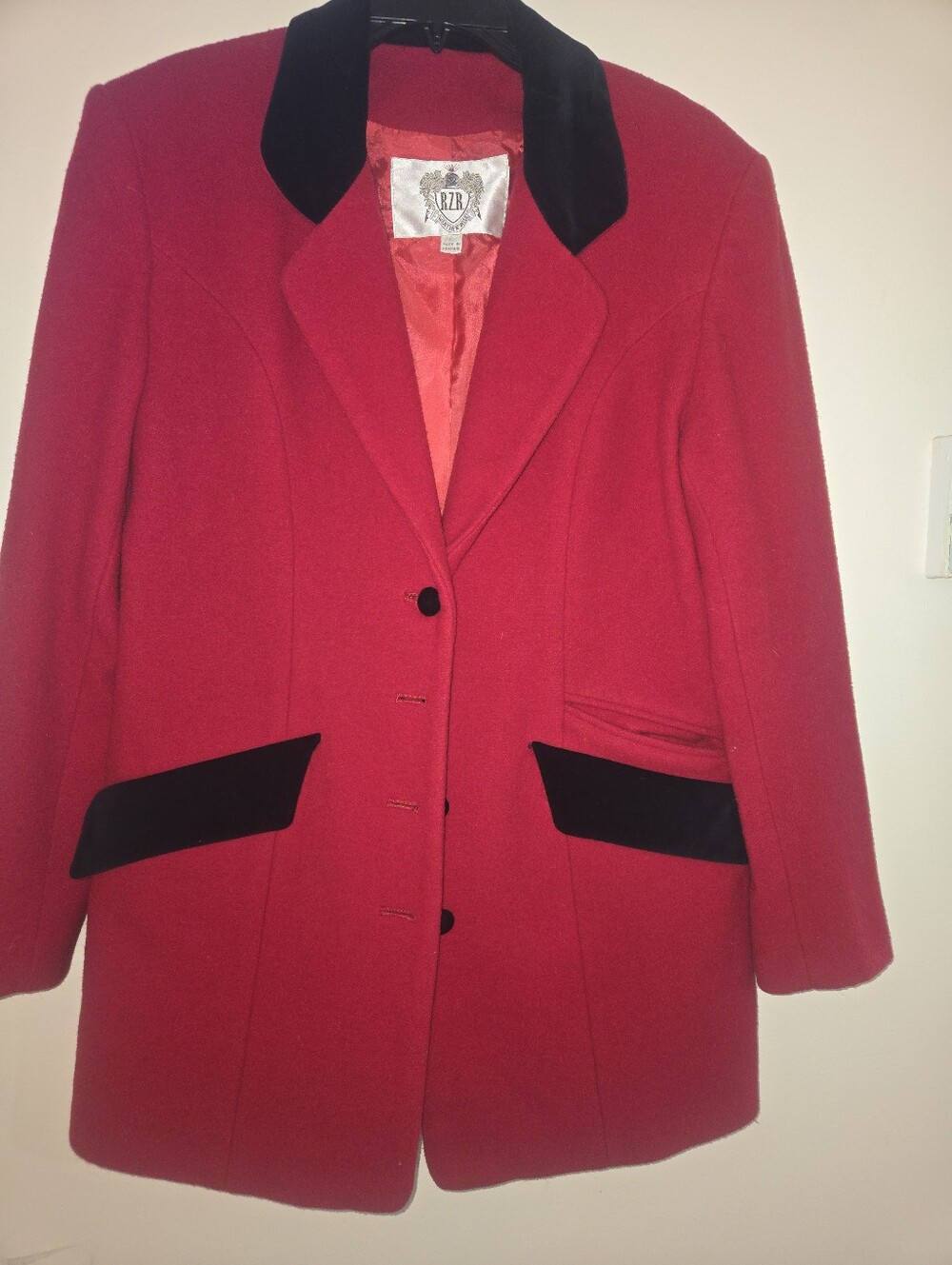 Red Wool Blend Blazer with Black Velvet Trim